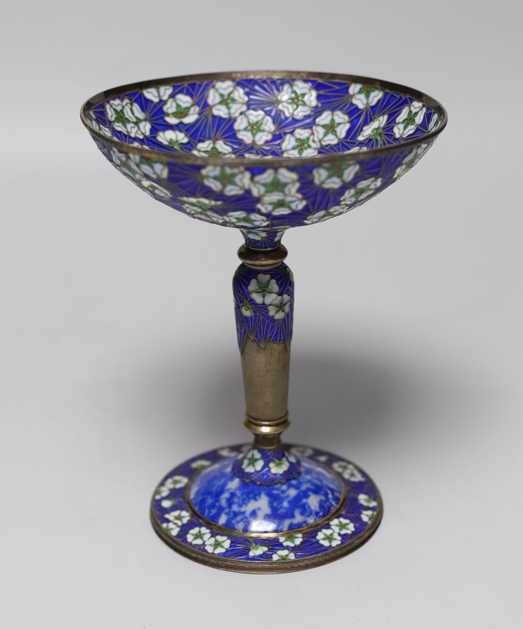 A modern Russian gilt 925, enamel and plique à jour presentation chalice, with engraved inscription to the base, 17.5cm high, gross weight 14.1oz.
